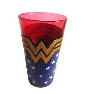Wonder Woman 16 oz Glass Tumbler Cup Red & Blue with Stars DC Comics